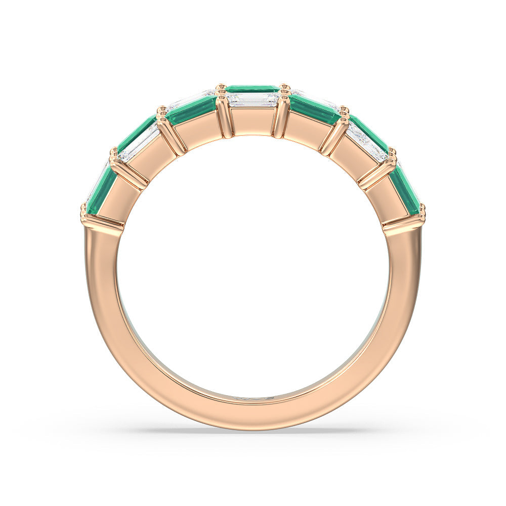 Two Row Alternate Created Emerald and Emerald Shape Diamond East-West Anniversary Ring with 14KT Rose Gold Cut Diamond in 14KT Rose Gold view 3
