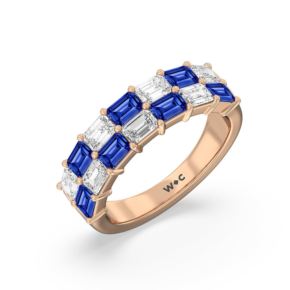 Two Row Alternate Created Sapphire and Emerald Diamond East-West Anniversary Ring with 14KT Rose Gold Cut Diamond in 14KT Rose Gold view 2
