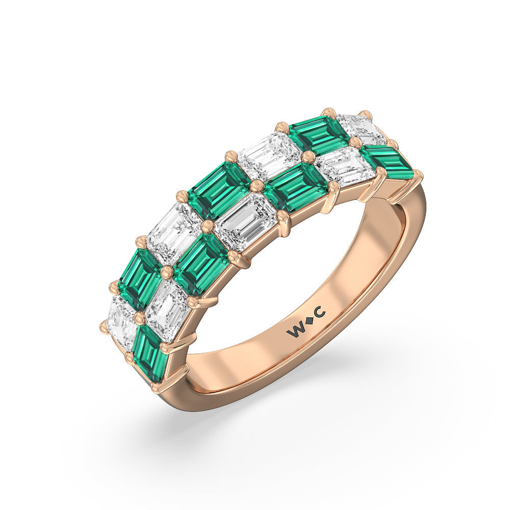 Two Row Alternate Created Emerald and Emerald Shape Diamond East-West Anniversary Ring with 14KT Rose Gold Cut Diamond in 14KT Rose Gold view 2

