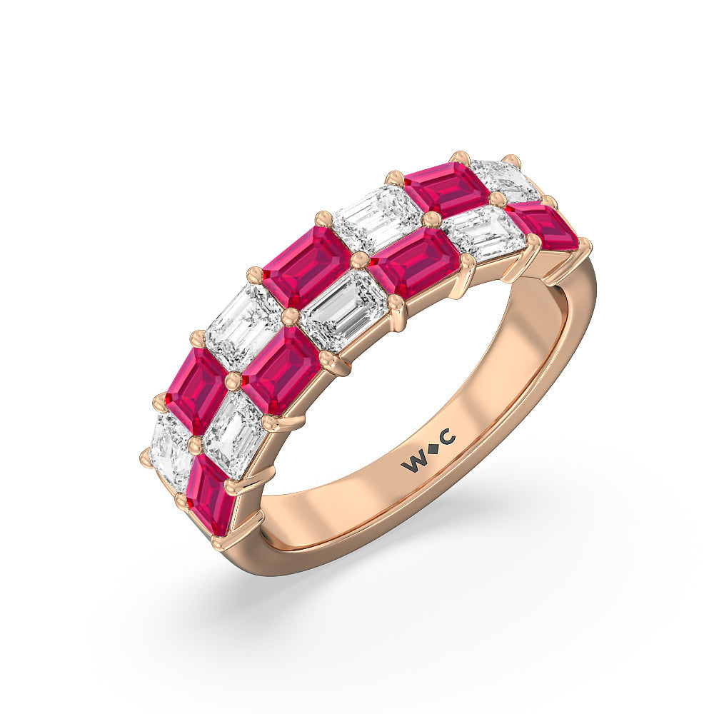 Two Row Alternate Created Ruby and Emerald Diamond East-West Anniversary Ring with 14KT Rose Gold Cut Diamond in 14KT Rose Gold view 2
