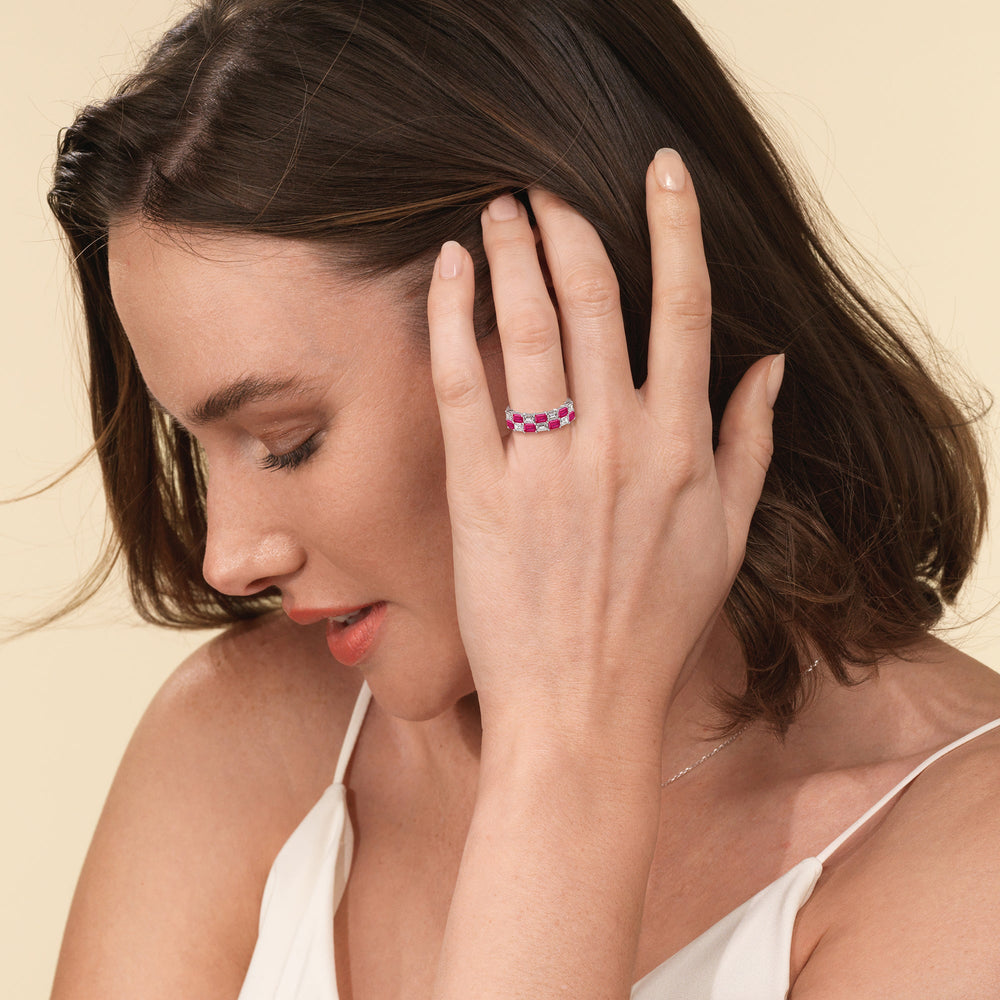 Model Wearing Two Row Alternate Created Ruby and Emerald Diamond East-West Anniversary Ring view