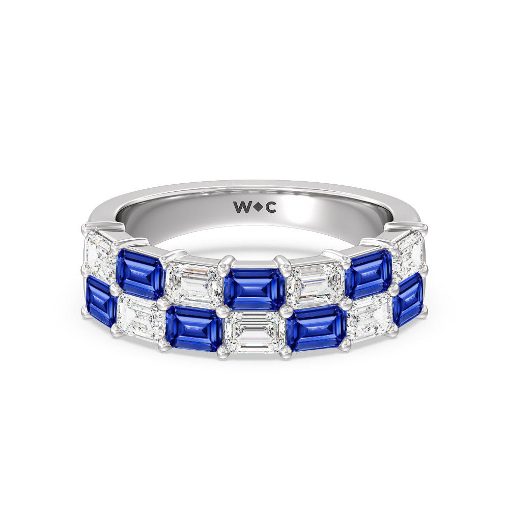 Two Row Alternate Created Sapphire and Emerald Diamond East-West Anniversary Ring with 14KT White Gold Cut Diamond in 14KT White Gold view 1
