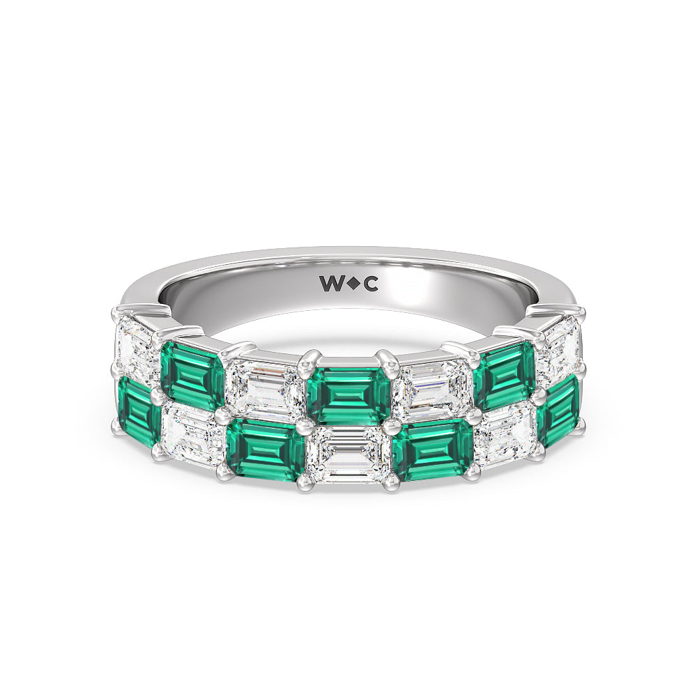 Two Row Alternate Created Emerald and Emerald Shape Diamond East-West Anniversary Ring with 14KT White Gold Cut Diamond in 14KT White Gold view 1
