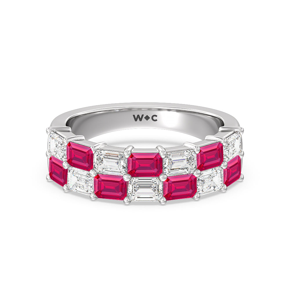 Two Row Alternate Created Ruby and Emerald Diamond East-West Anniversary Ring with 14KT White Gold Cut Diamond in 14KT White Gold view 1

