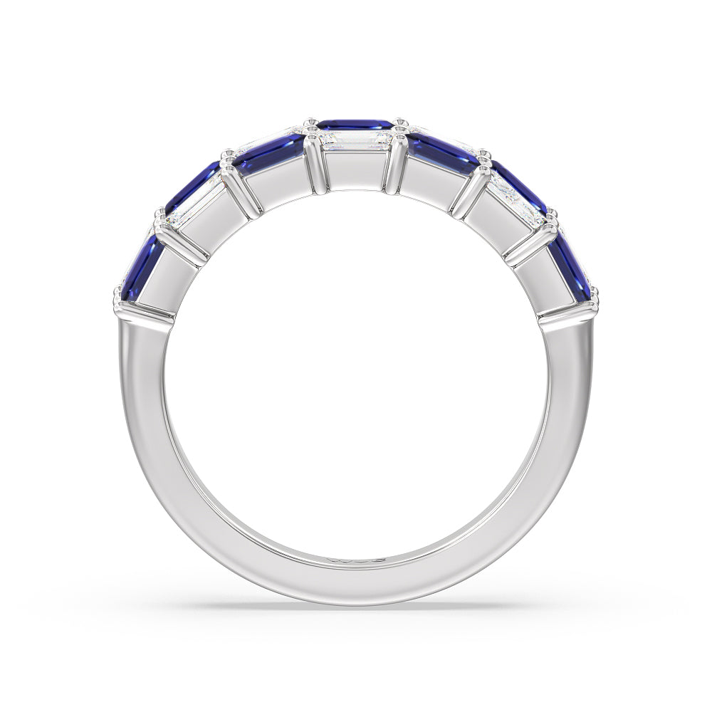 Two Row Alternate Created Sapphire and Emerald Diamond East-West Anniversary Ring with 14KT White Gold Cut Diamond in 14KT White Gold view 3
