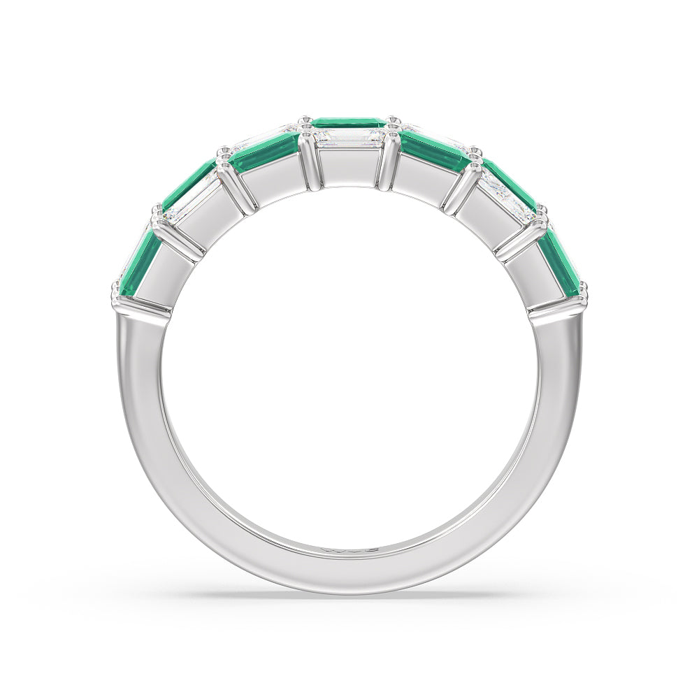 Two Row Alternate Created Emerald and Emerald Shape Diamond East-West Anniversary Ring with 14KT White Gold Cut Diamond in 14KT White Gold view 3
