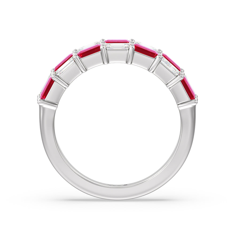 Two Row Alternate Created Ruby and Emerald Diamond East-West Anniversary Ring with 14KT White Gold Cut Diamond in 14KT White Gold view 3
