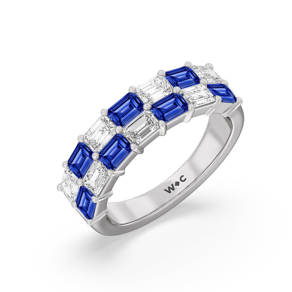 Two Row Alternate Created Sapphire and Emerald Diamond East-West Anniversary Ring with 14KT White Gold Cut Diamond in 14KT White Gold view 2
