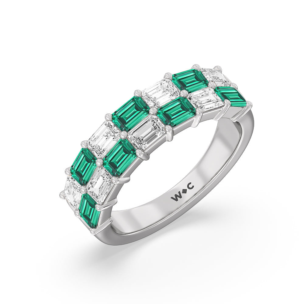 Two Row Alternate Created Emerald and Emerald Shape Diamond East-West Anniversary Ring with 14KT White Gold Cut Diamond in 14KT White Gold view 2
