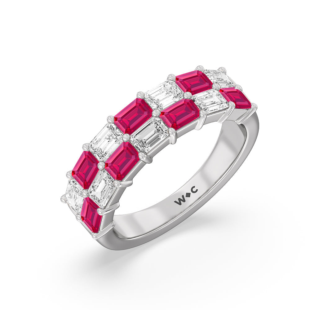 Two Row Alternate Created Ruby and Emerald Diamond East-West Anniversary Ring with 14KT White Gold Cut Diamond in 14KT White Gold view 2
