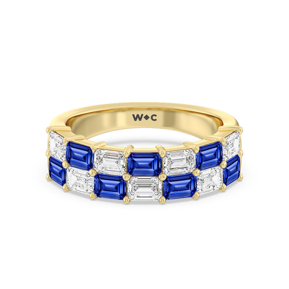Two Row Alternate Created Sapphire and Emerald Diamond East-West Anniversary Ring with 14KT Yellow Gold Cut Diamond in 14KT Yellow Gold view 1
