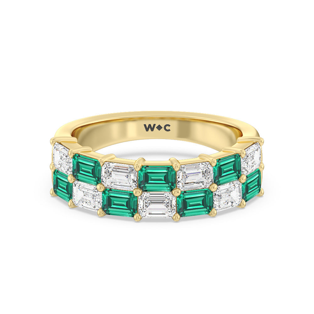 Two Row Alternate Created Emerald and Emerald Shape Diamond East-West Anniversary Ring with 14KT Yellow Gold Cut Diamond in 14KT Yellow Gold view 1
