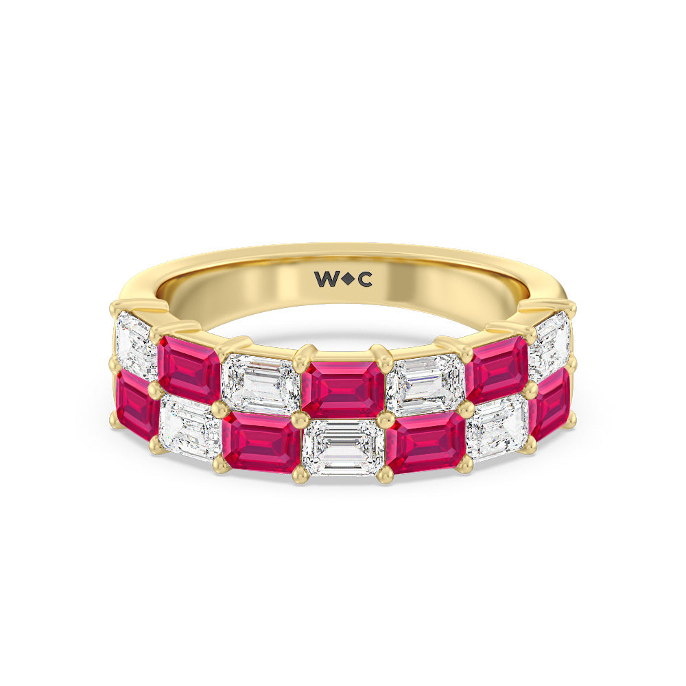 Two Row Alternate Created Ruby and Emerald Diamond East-West Anniversary Ring with 14KT Yellow Gold Cut Diamond in 14KT Yellow Gold view 1
