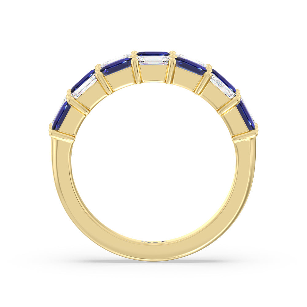 Two Row Alternate Created Sapphire and Emerald Diamond East-West Anniversary Ring with 14KT Yellow Gold Cut Diamond in 14KT Yellow Gold view 3
