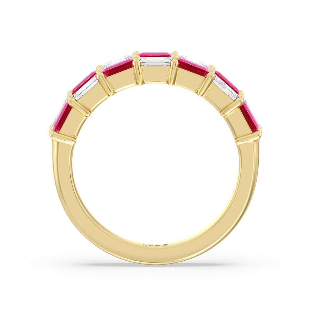 Two Row Alternate Created Ruby and Emerald Diamond East-West Anniversary Ring with 14KT Yellow Gold Cut Diamond in 14KT Yellow Gold view 3
