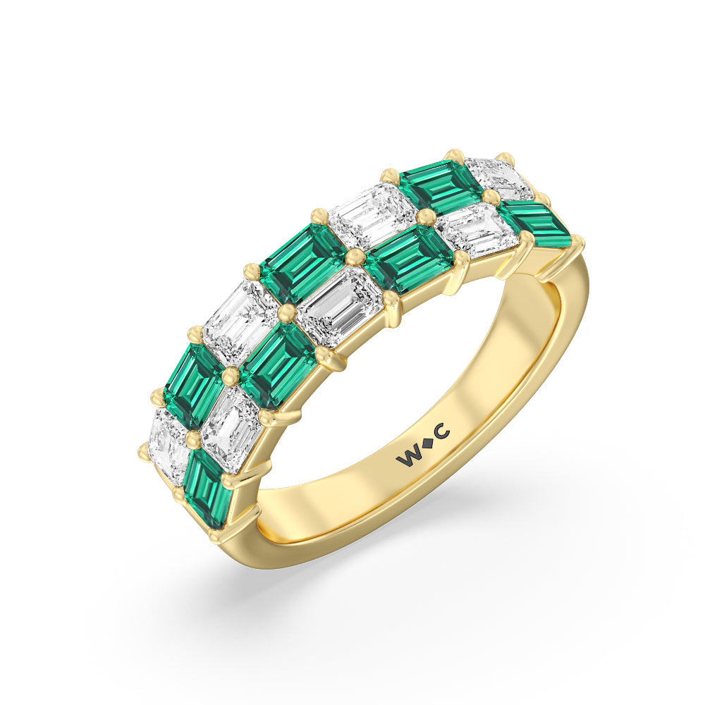 Two Row Alternate Created Emerald and Emerald Shape Diamond East-West Anniversary Ring with 14KT Yellow Gold Cut Diamond in 14KT Yellow Gold view 2
