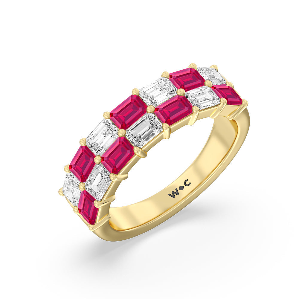 Two Row Alternate Created Ruby and Emerald Diamond East-West Anniversary Ring with 14KT Yellow Gold Cut Diamond in 14KT Yellow Gold view 2
