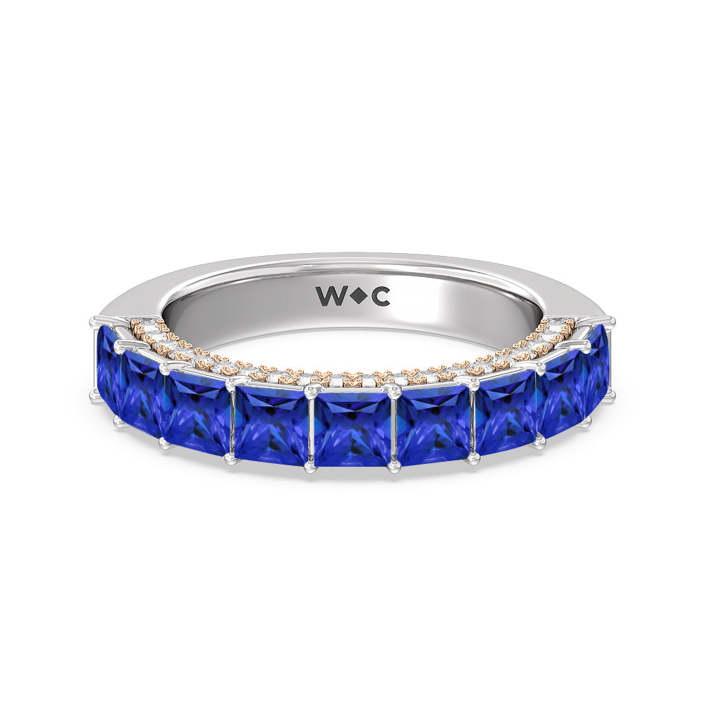 Created Sapphire Princess and Diamond Palace Anniversary Ring with 14KT Rose Gold Cut Diamond in 14KT Rose Gold view 1
