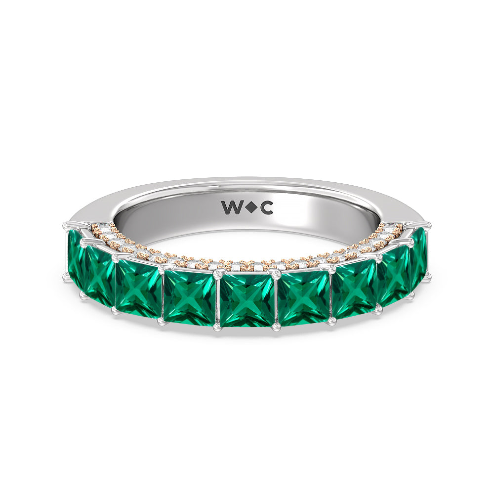 Created Emerald Princess Shape and Diamond Palace Anniversary Ring with 14KT Rose Gold Cut Diamond in 14KT Rose Gold view 1

