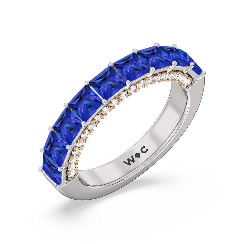 Created Sapphire Princess and Diamond Palace Anniversary Ring with 14KT Rose Gold Cut Diamond in 14KT Rose Gold view 2
