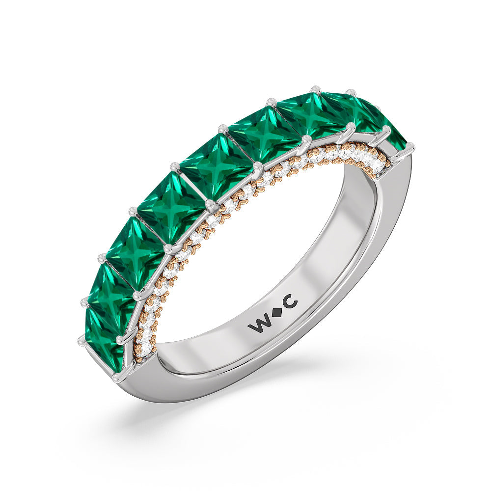 Created Emerald Princess Shape and Diamond Palace Anniversary Ring with 14KT Rose Gold Cut Diamond in 14KT Rose Gold view 2
