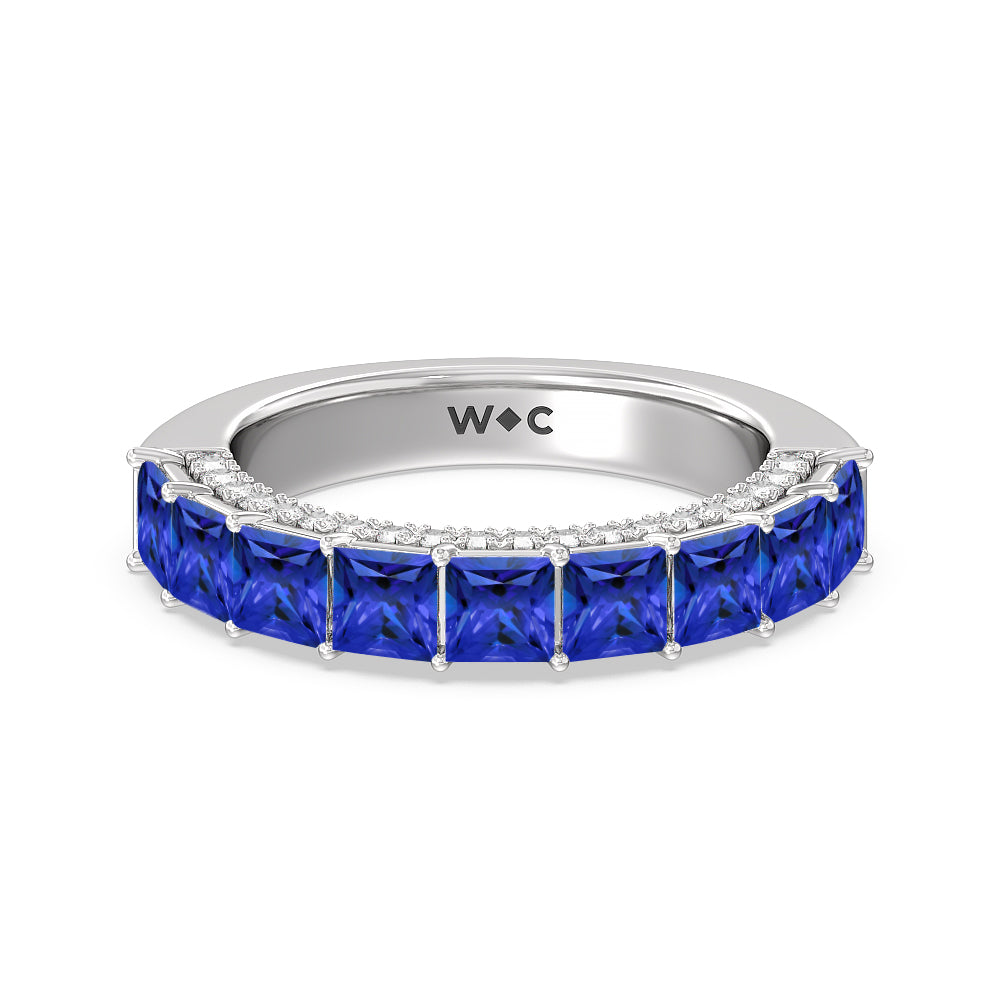 Created Sapphire Princess and Diamond Palace Anniversary Ring with 14KT White Gold Cut Diamond in 14KT White Gold view 1
