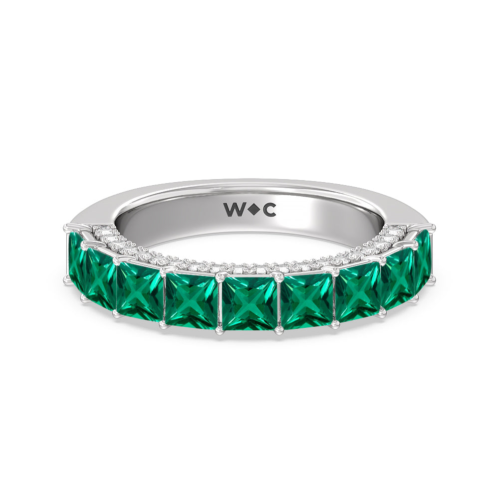Created Emerald Princess Shape and Diamond Palace Anniversary Ring with 14KT White Gold Cut Diamond in 14KT White Gold view 1
