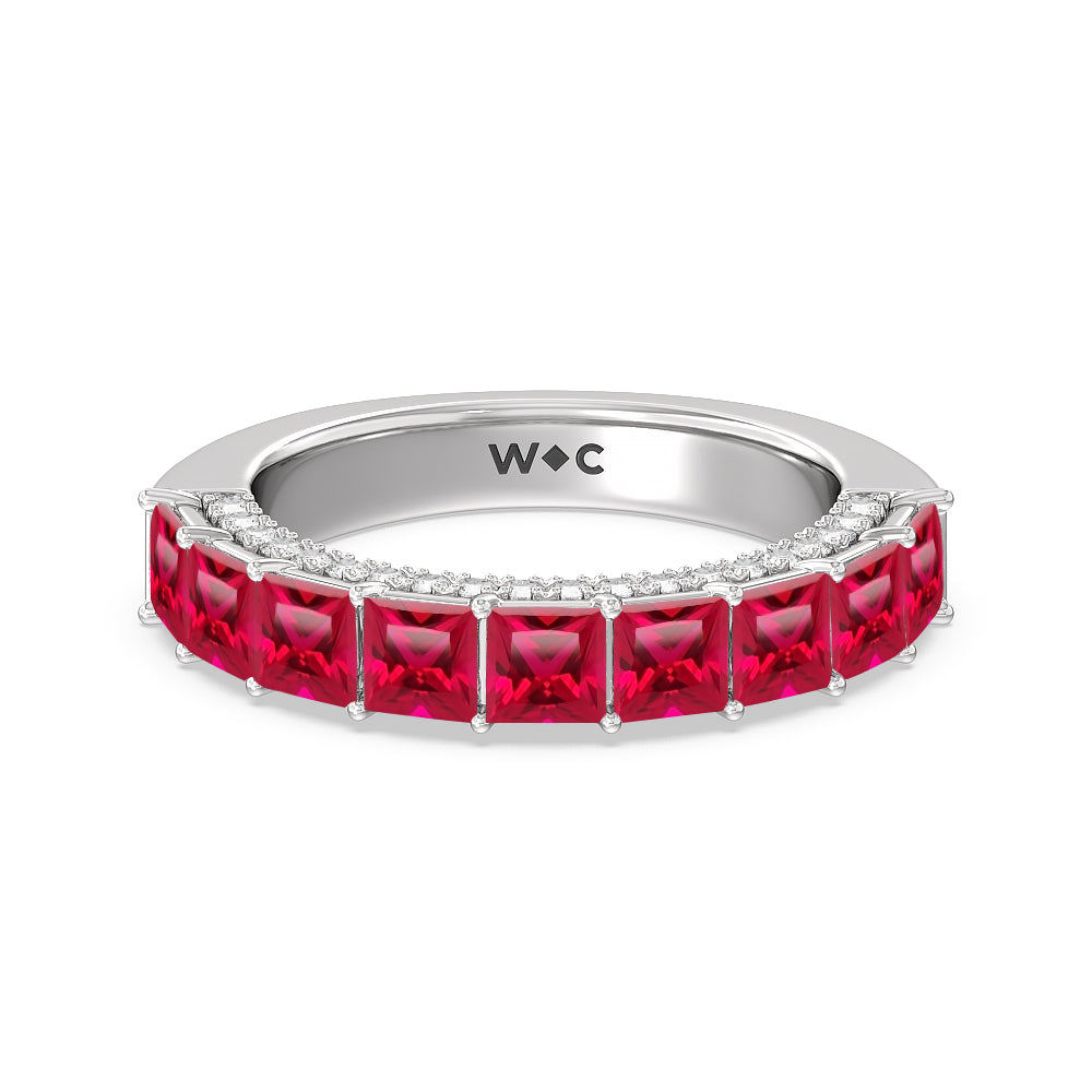Created Ruby Princess and Diamond Palace Anniversary Ring with 14KT White Gold Cut Diamond in 14KT White Gold view 1
