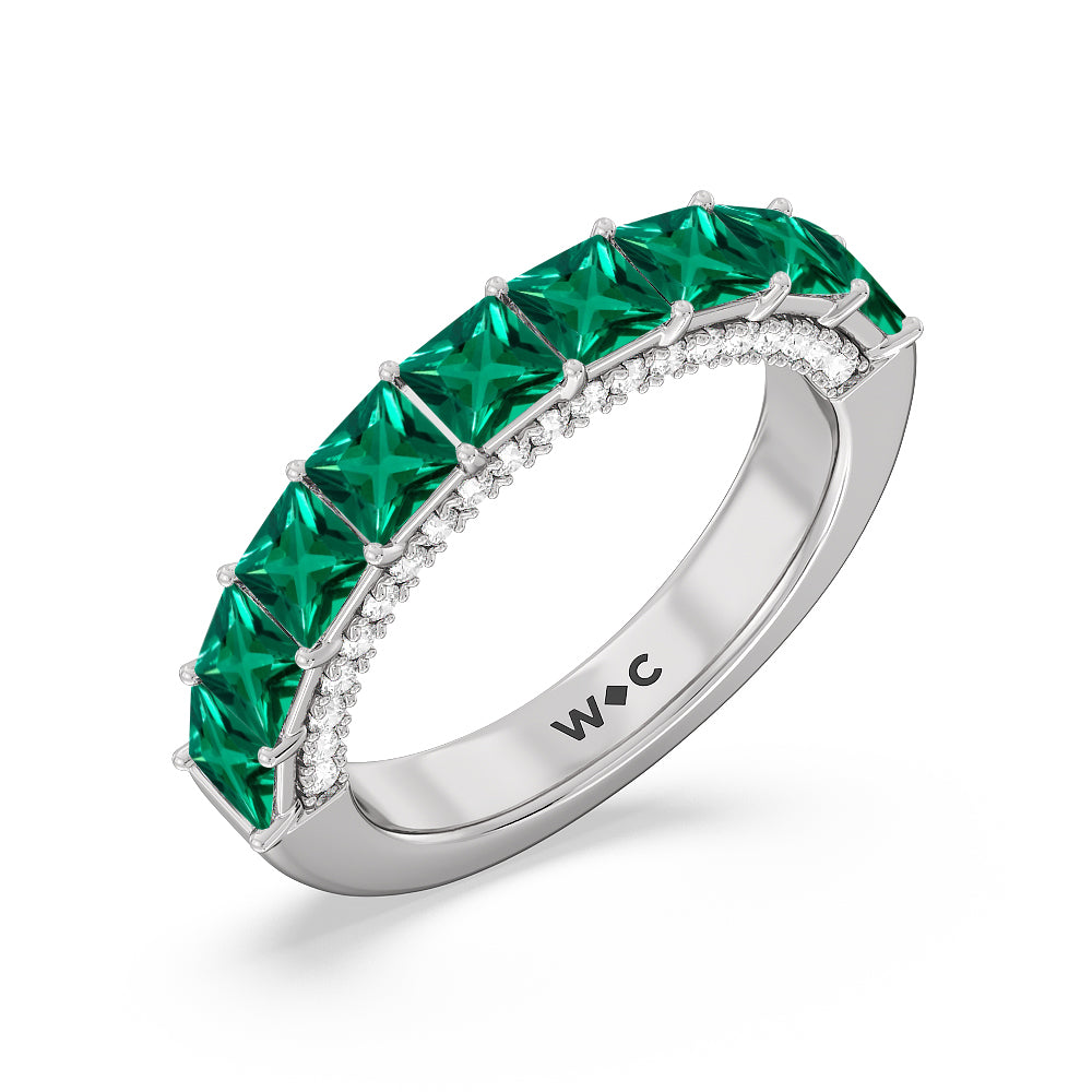 Created Emerald Princess Shape and Diamond Palace Anniversary Ring with 14KT White Gold Cut Diamond in 14KT White Gold view 2
