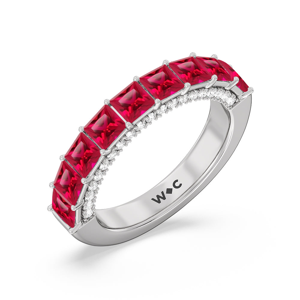 Created Ruby Princess and Diamond Palace Anniversary Ring with 14KT White Gold Cut Diamond in 14KT White Gold view 2
