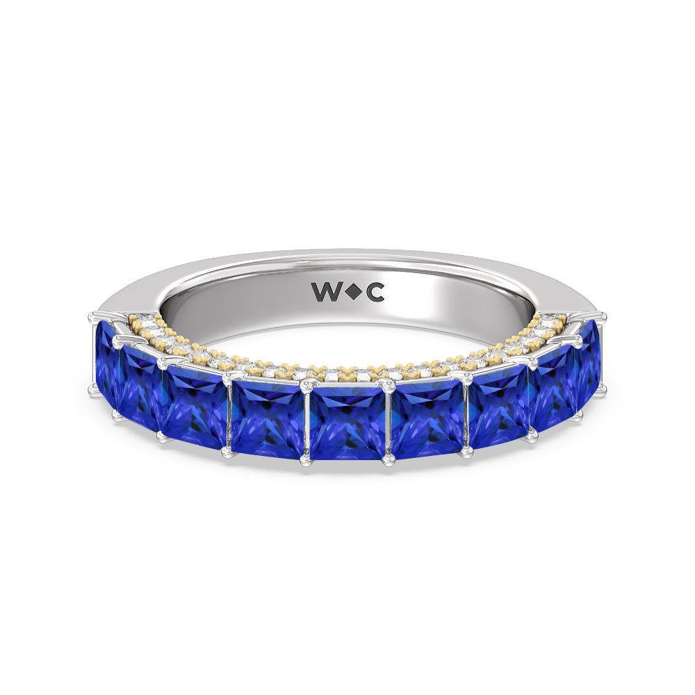 Created Sapphire Princess and Diamond Palace Anniversary Ring with 14KT Yellow Gold Cut Diamond in 14KT Yellow Gold view 1
