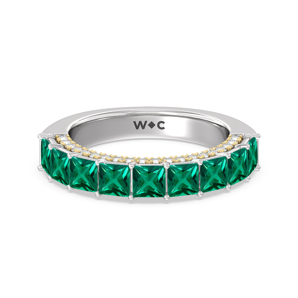 Created Emerald Princess Shape and Diamond Palace Anniversary Ring with 14KT Yellow Gold Cut Diamond in 14KT Yellow Gold view 1

