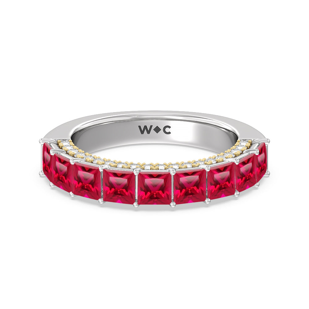 Created Ruby Princess and Diamond Palace Anniversary Ring with 14KT Yellow Gold Cut Diamond in 14KT Yellow Gold view 1
