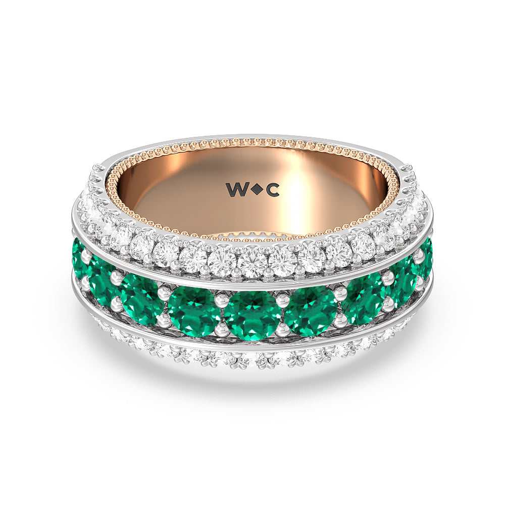 Created Emerald Cobblestone Anniversary Ring with 14KT Rose Gold Cut Diamond in 14KT Rose Gold view 1
