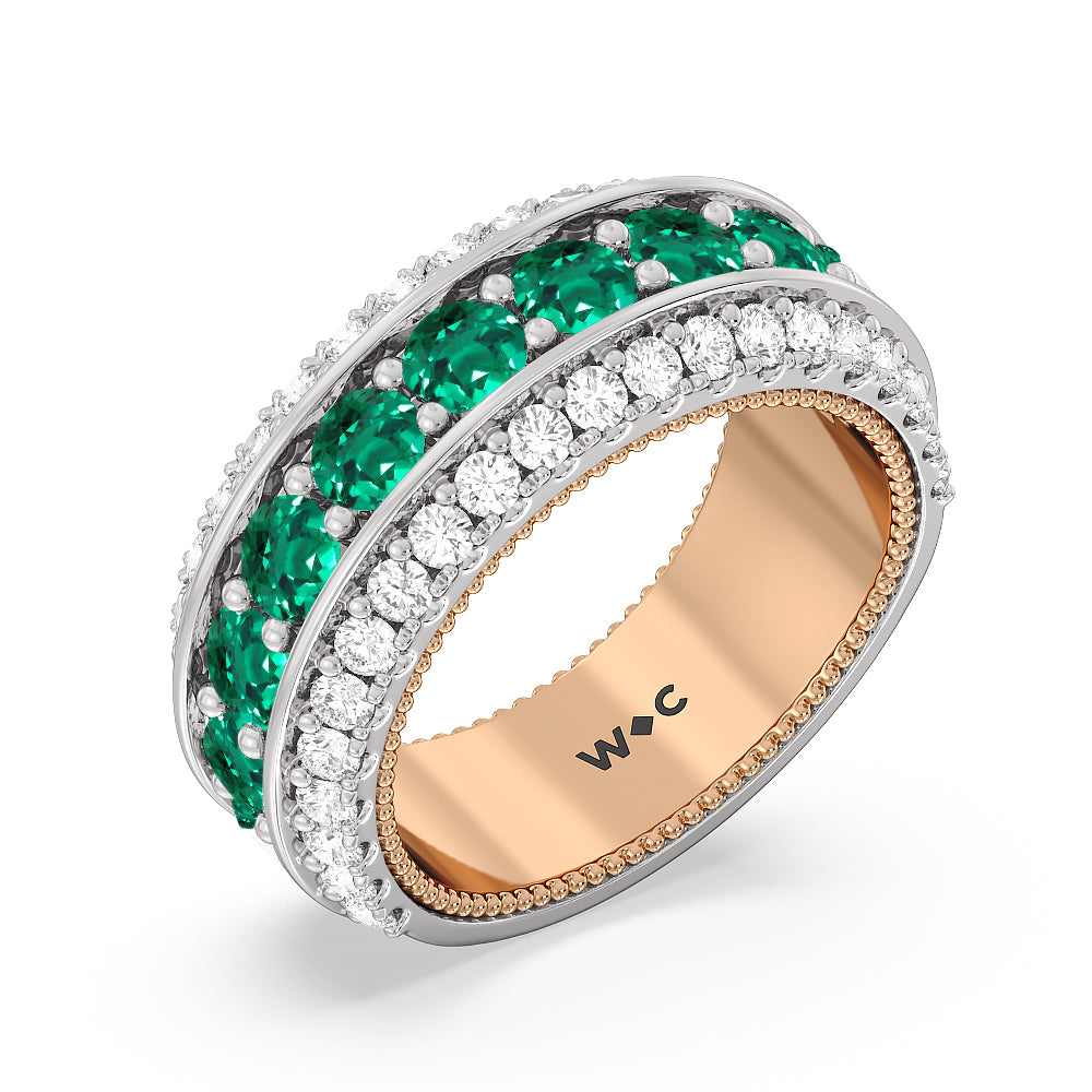 Created Emerald Cobblestone Anniversary Ring with 14KT Rose Gold Cut Diamond in 14KT Rose Gold view 2
