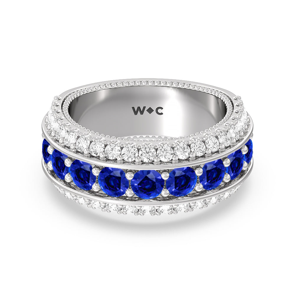 Created Sapphire Cobblestone Anniversary Ring with 14KT White Gold Cut Diamond in 14KT White Gold view 1

