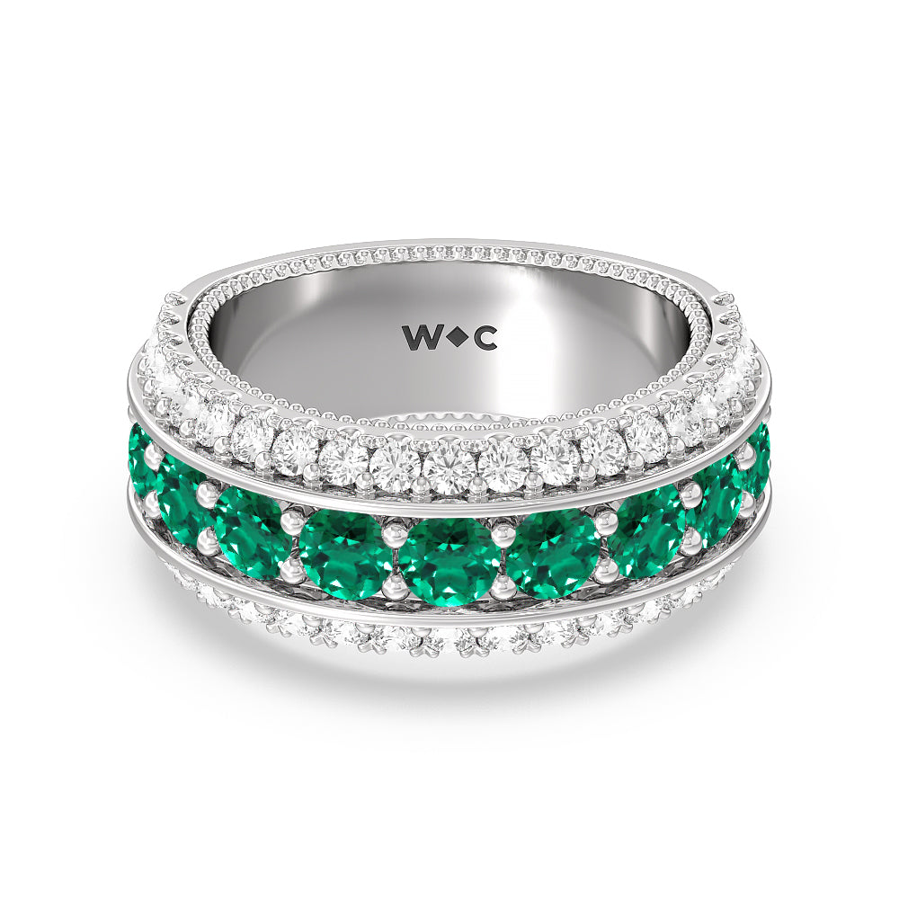 Created Emerald Cobblestone Anniversary Ring Size 7 with 14KT White Gold Cut Diamond in 14KT White Gold view 1
