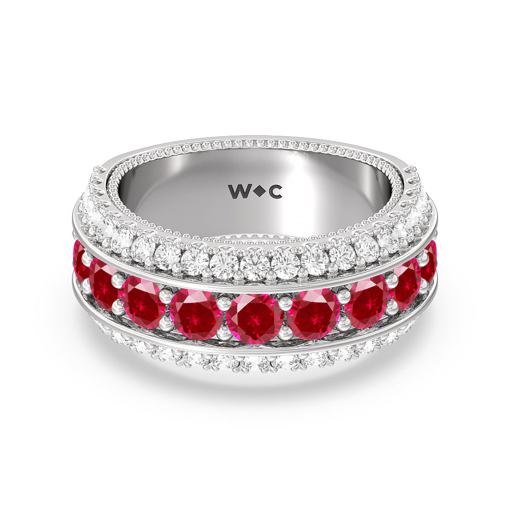 Created Ruby Cobblestone Anniversary Ring with 14KT White Gold Cut Diamond in 14KT White Gold view 1
