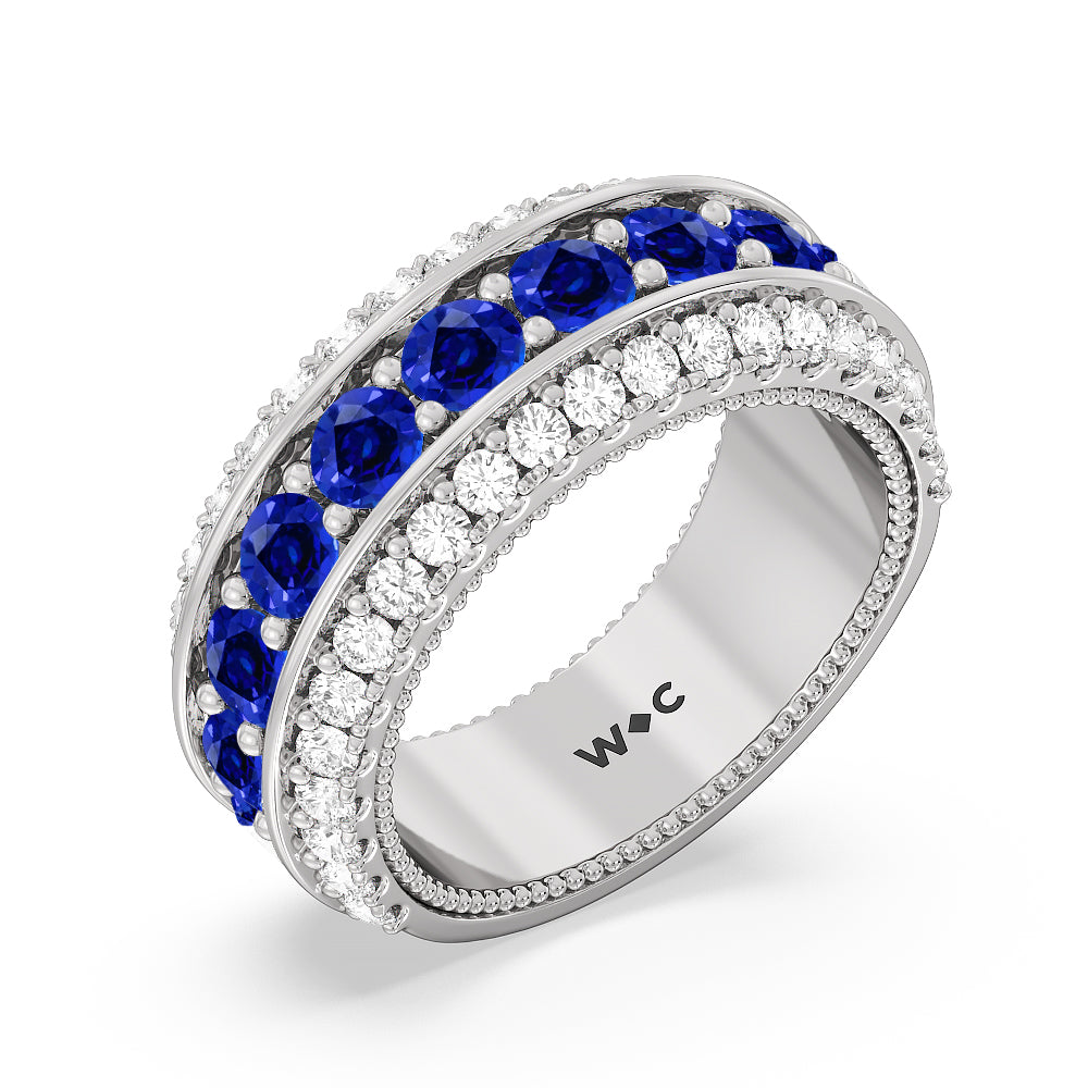 Created Sapphire Cobblestone Anniversary Ring with 14KT White Gold Cut Diamond in 14KT White Gold view 2
