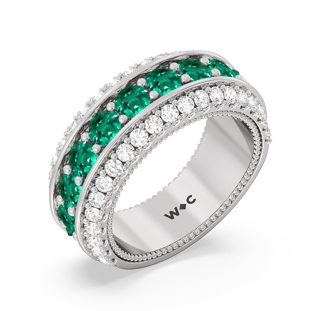 Created Emerald Cobblestone Anniversary Ring Size 7 with 14KT White Gold Cut Diamond in 14KT White Gold view 2

