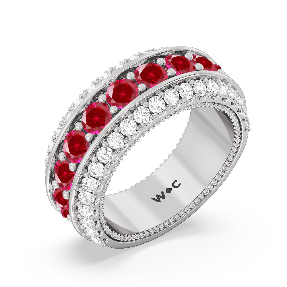 Created Ruby Cobblestone Anniversary Ring with 14KT White Gold Cut Diamond in 14KT White Gold view 2
