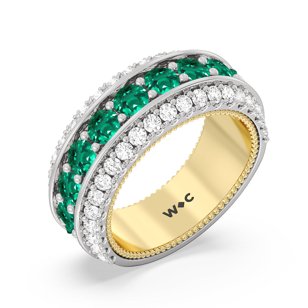 Created Emerald Cobblestone Anniversary Ring with 14KT Yellow Gold Cut Diamond in 14KT Yellow Gold view 2
