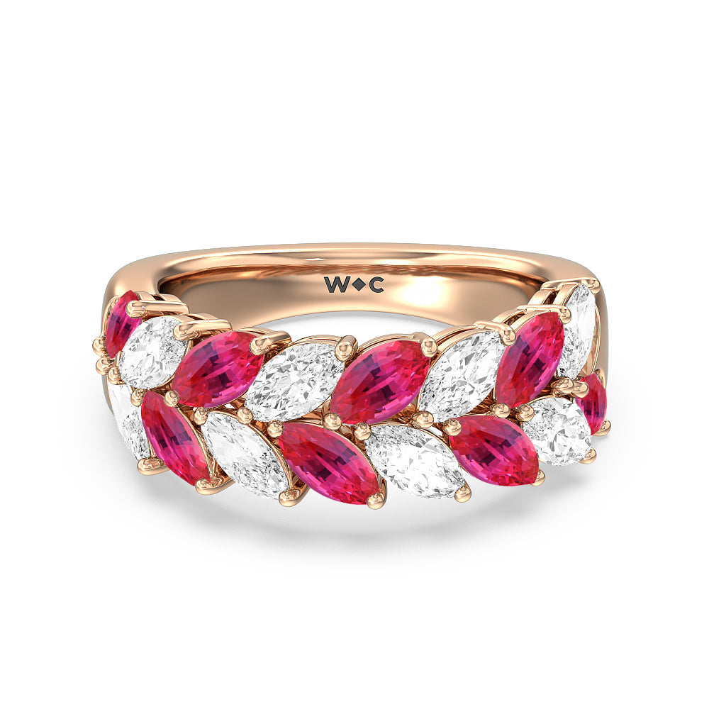 Alternate Created Ruby Marquise and Diamond Edge Anniversary Ring with 14KT Rose Gold Cut Diamond in 14KT Rose Gold view 1
