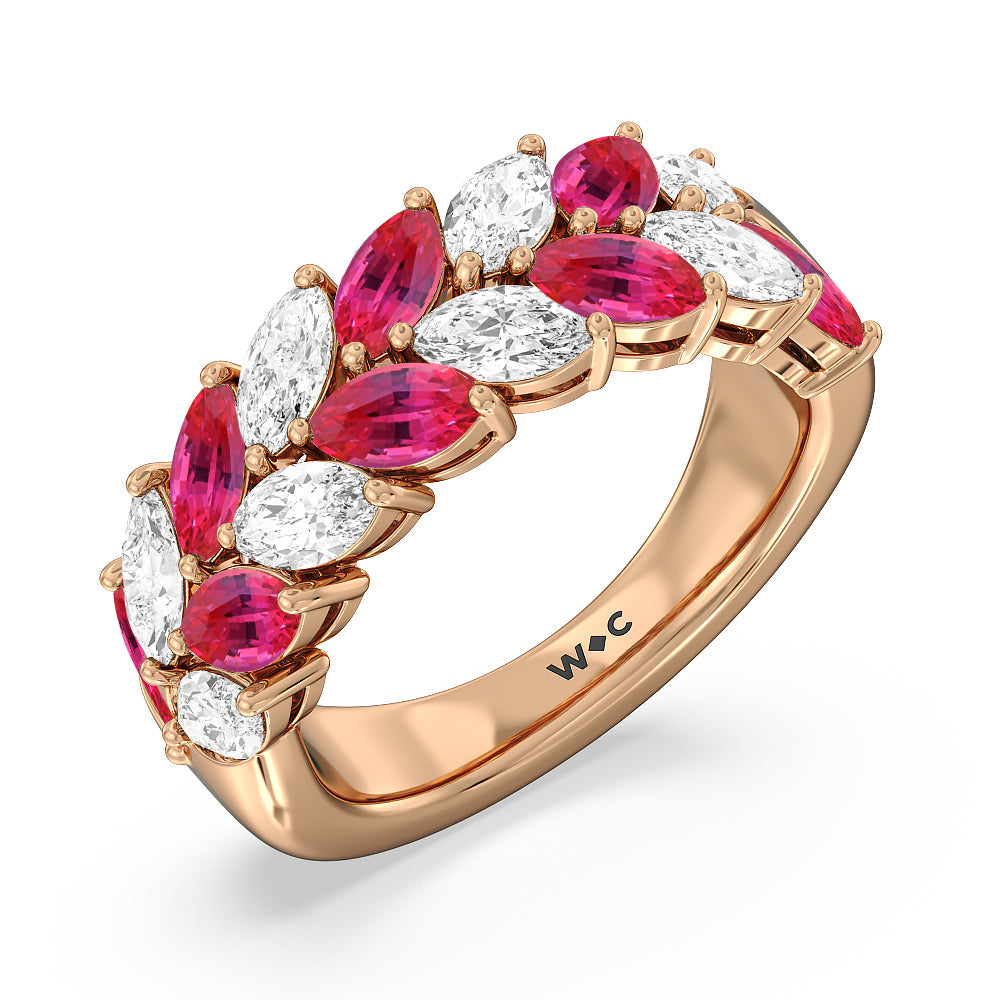 Alternate Created Ruby Marquise and Diamond Edge Anniversary Ring with 14KT Rose Gold Cut Diamond in 14KT Rose Gold view 2
