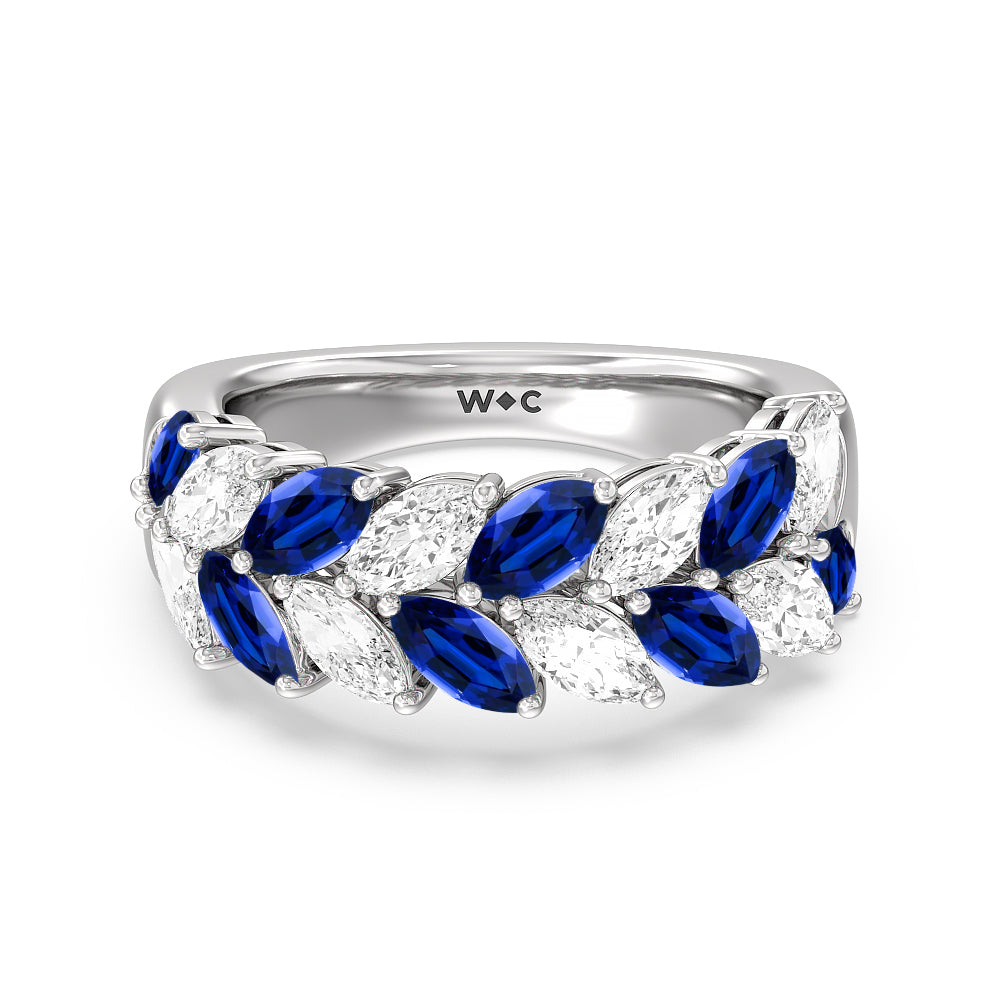 Alternate Created Sapphire Marquise and Diamond Edge Anniversary Ring with 14KT White Gold Cut Diamond in 14KT White Gold view 1
