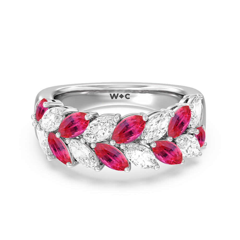 Alternate Created Ruby Marquise and Diamond Edge Anniversary Ring with 14KT White Gold Cut Diamond in 14KT White Gold view 1
