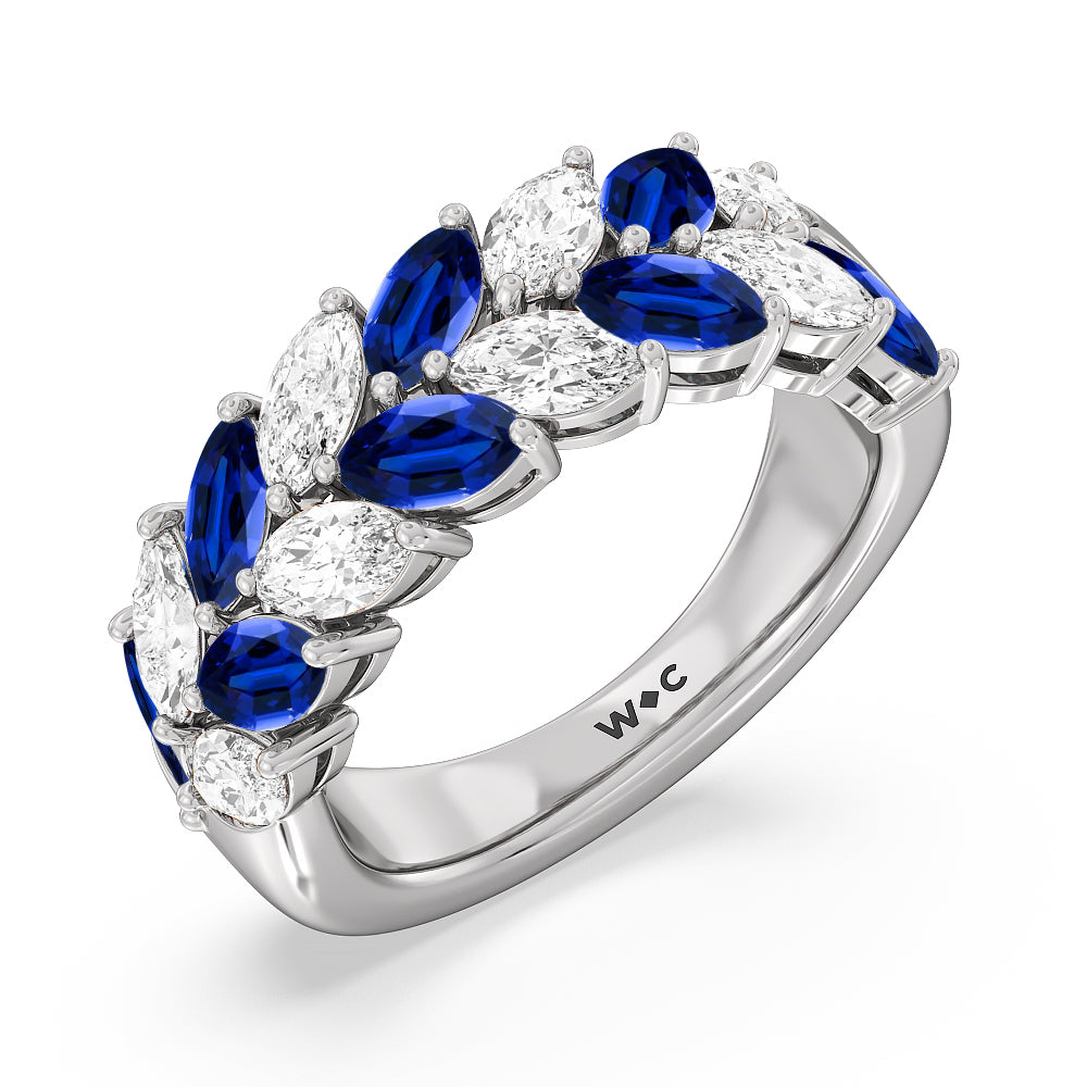 Alternate Created Sapphire Marquise and Diamond Edge Anniversary Ring with 14KT White Gold Cut Diamond in 14KT White Gold view 2
