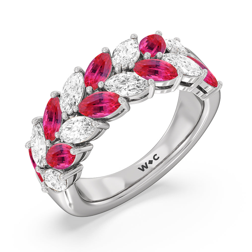 Alternate Created Ruby Marquise and Diamond Edge Anniversary Ring with 14KT White Gold Cut Diamond in 14KT White Gold view 2
