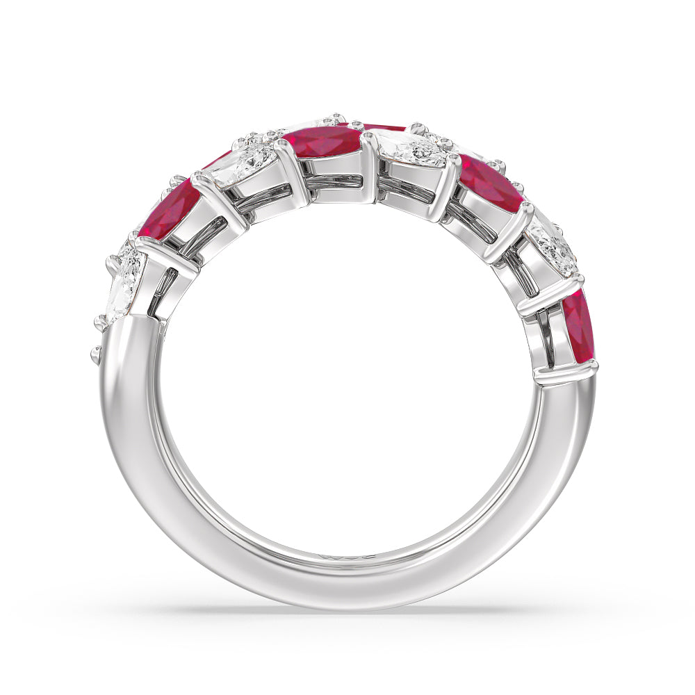 Alternate Created Ruby Marquise and Diamond Edge Anniversary Ring with 14KT White Gold Cut Diamond in 14KT White Gold view 3
