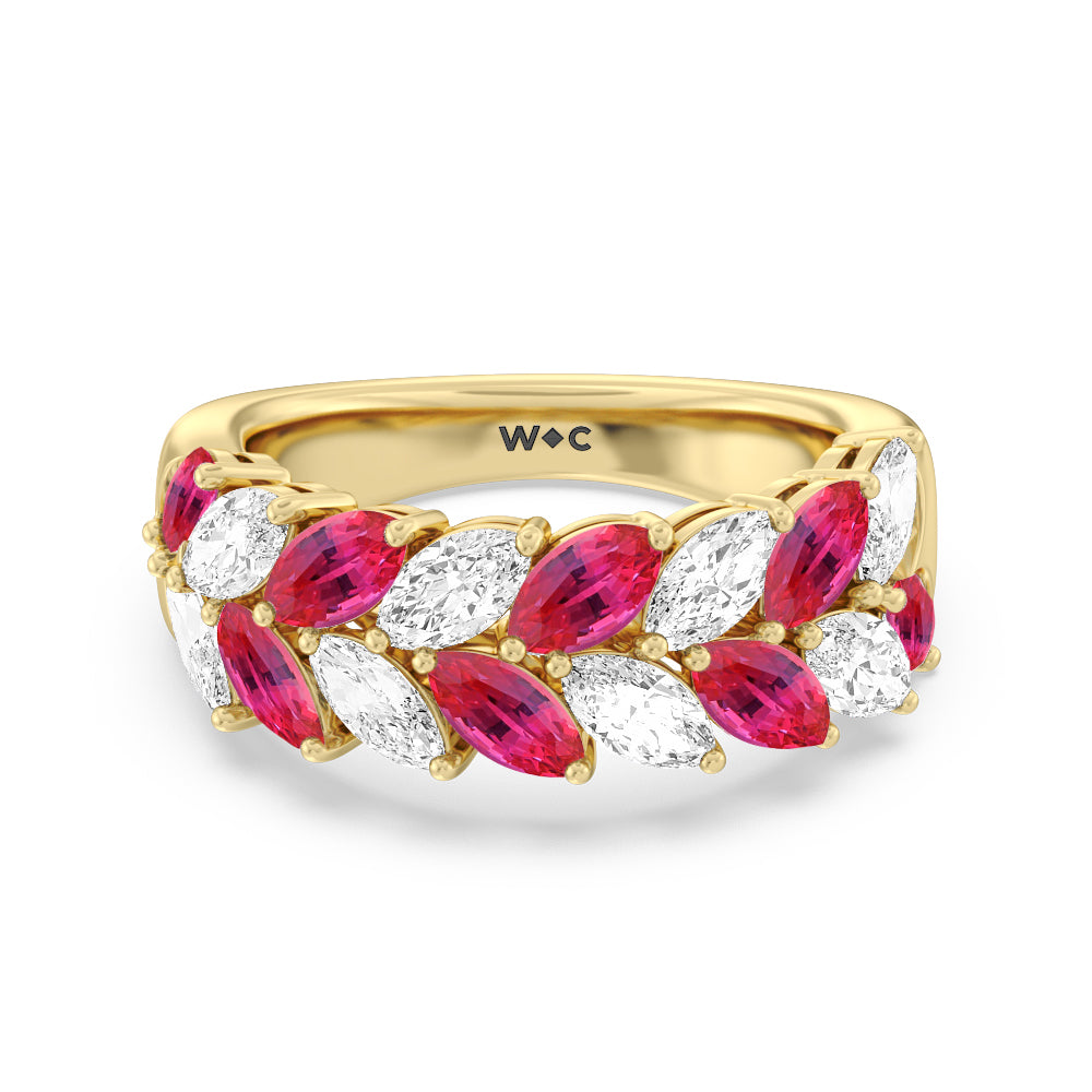 Alternate Created Ruby Marquise and Diamond Edge Anniversary Ring with 14KT Yellow Gold Cut Diamond in 14KT Yellow Gold view 1
